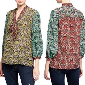 ALICE + OLIVIA Sheila Blouson Sleeve V-Neck Crest Tile Women's Top Blouse(SizeS)